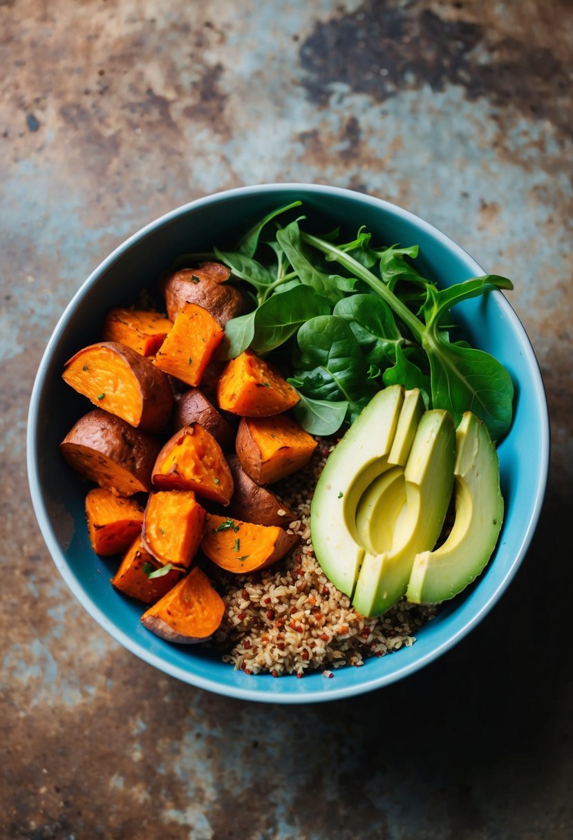 A colorful bowl filled with roasted sweet potatoes, fluffy quinoa, avocado slices, and vibrant greens, set against a rustic backdrop