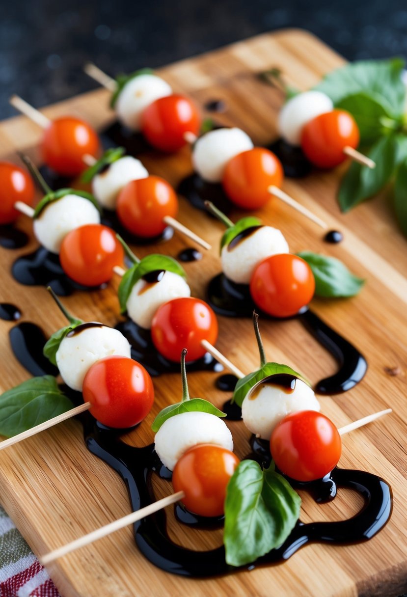 A wooden cutting board with rows of cherry tomatoes, mozzarella balls, and basil leaves skewered on toothpicks, drizzled with balsamic glaze