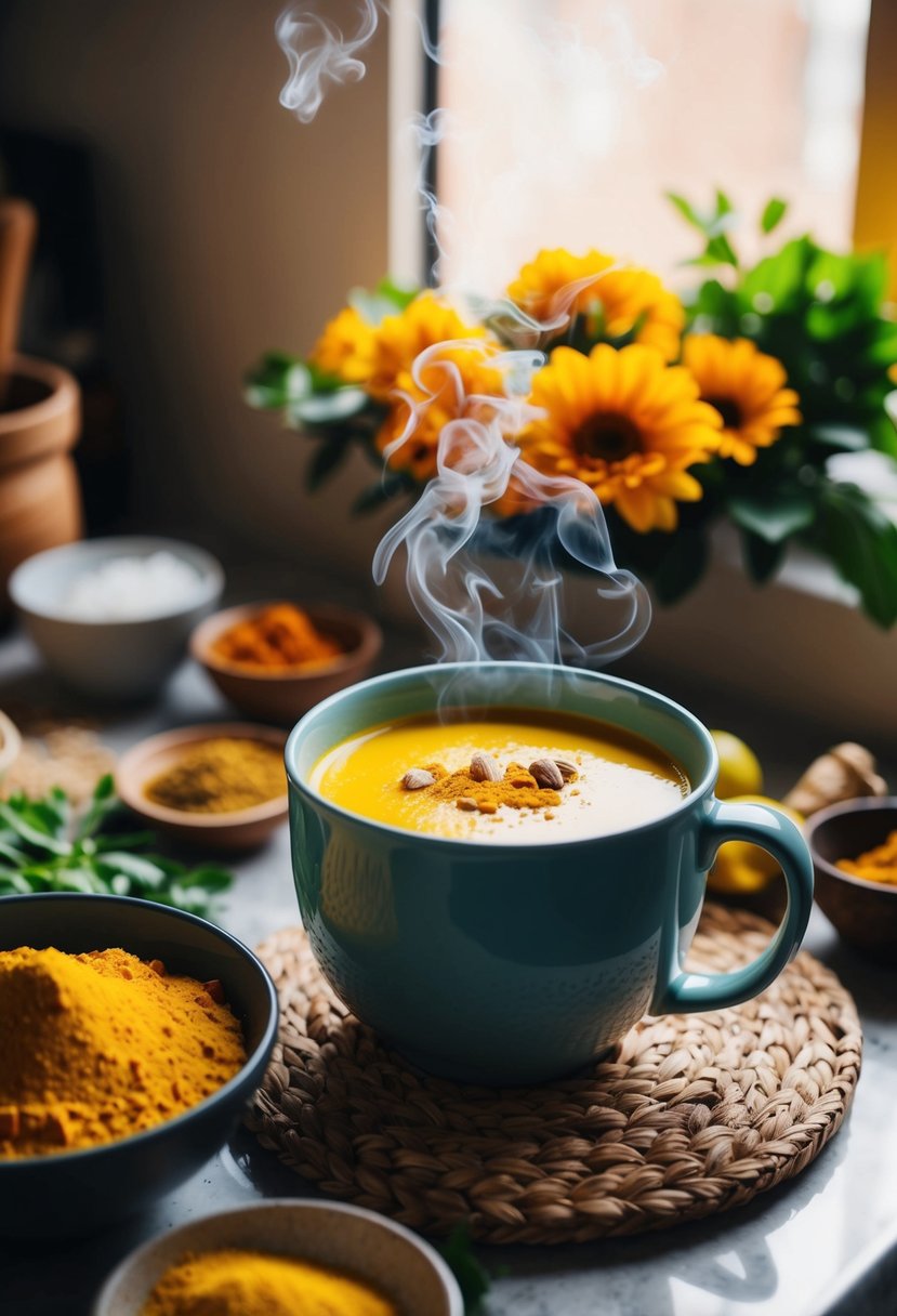 A cozy kitchen counter with a steaming mug of turmeric golden milk, surrounded by fresh ingredients and a warm, inviting atmosphere