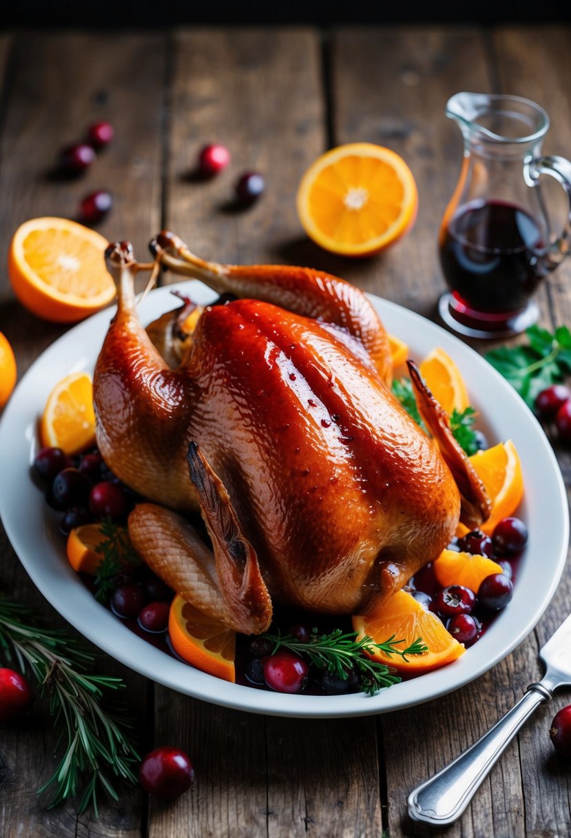 A whole roasted duck with a glossy cranberry and orange glaze, surrounded by vibrant fruits and herbs on a rustic wooden table