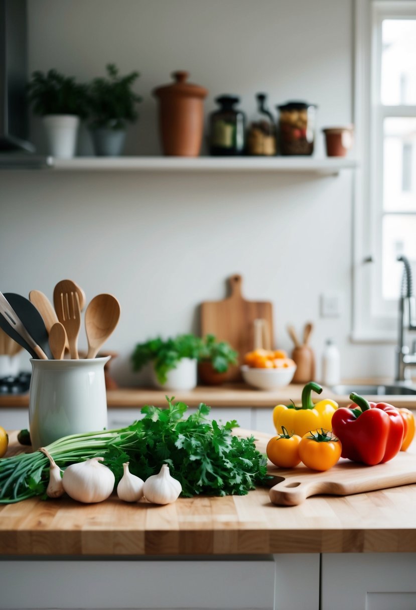 A clutter-free kitchen counter with fresh ingredients and simple cooking utensils