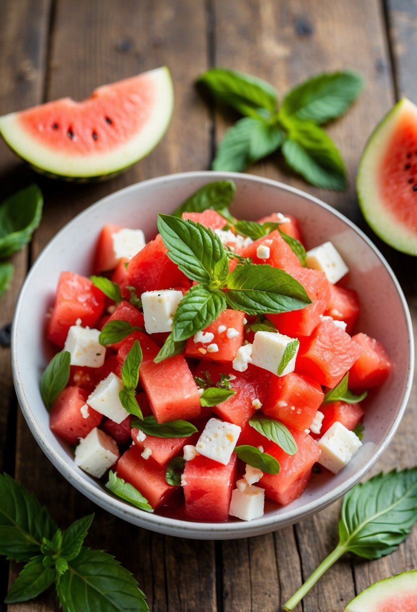 A colorful bowl of watermelon feta salad surrounded by fresh mint and basil leaves on a rustic wooden table