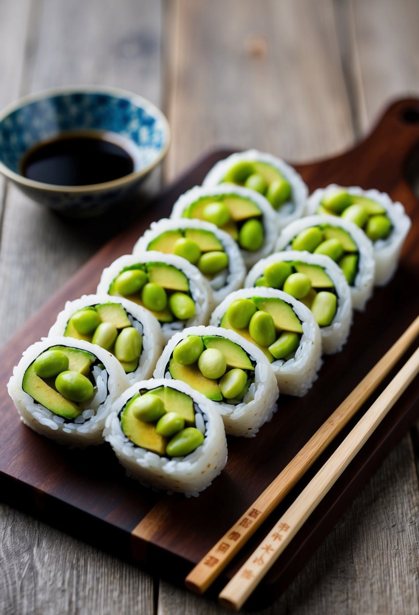 A plate of edamame and avocado sushi rolls arranged on a wooden serving board with chopsticks and a decorative dish of soy sauce