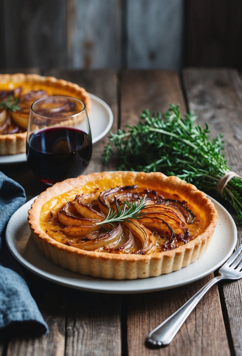 A rustic wooden table set with a golden-brown caramelized onion tart, accompanied by a glass of red wine and a bouquet of fresh herbs