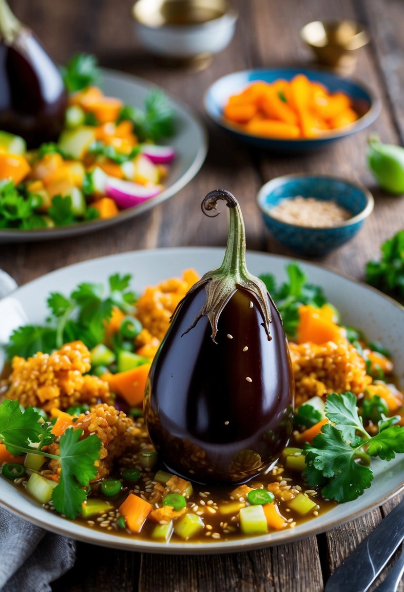 A glistening miso-glazed eggplant sits on a rustic wooden table surrounded by vibrant, fresh ingredients and elegant dinnerware