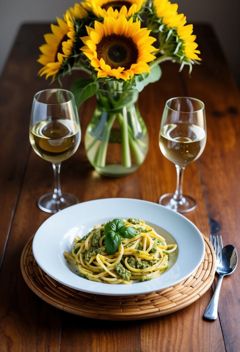 A wooden table set with a plate of sunflower seed pesto pasta, a glass of white wine, and a vase of sunflowers