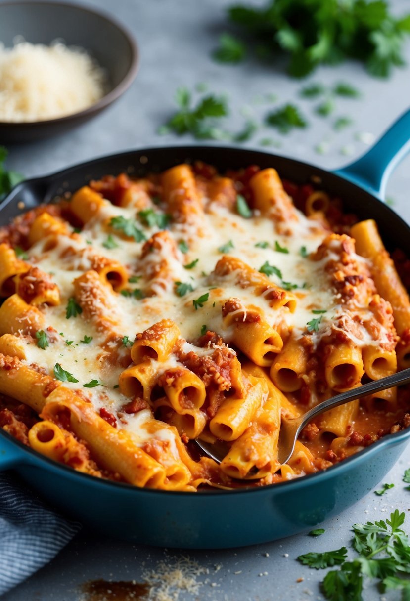 A bubbling dish of cheesy baked ziti, fresh from the oven, surrounded by scattered herbs and a sprinkle of parmesan cheese