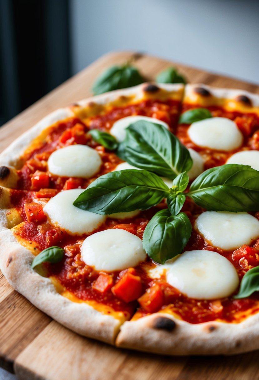 A fresh margherita pizza on a wooden cutting board, with vibrant red tomato sauce, melted mozzarella cheese, and green basil leaves on top