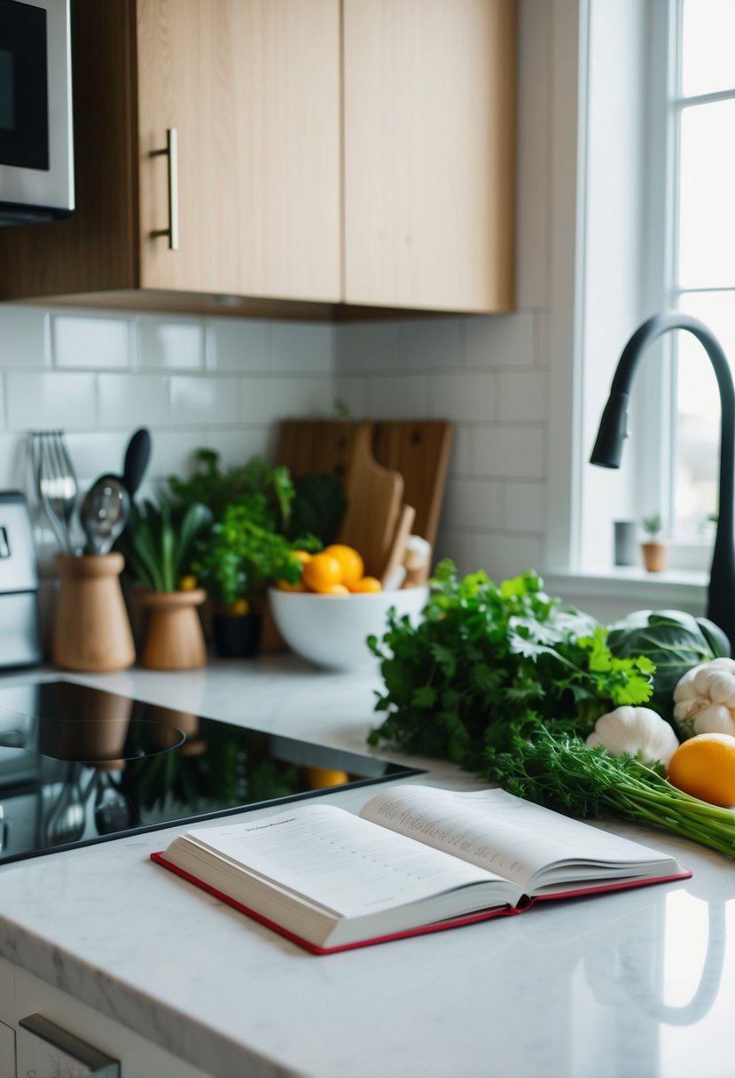 A clutter-free kitchen counter with fresh ingredients, a recipe book, and minimalistic cooking utensils