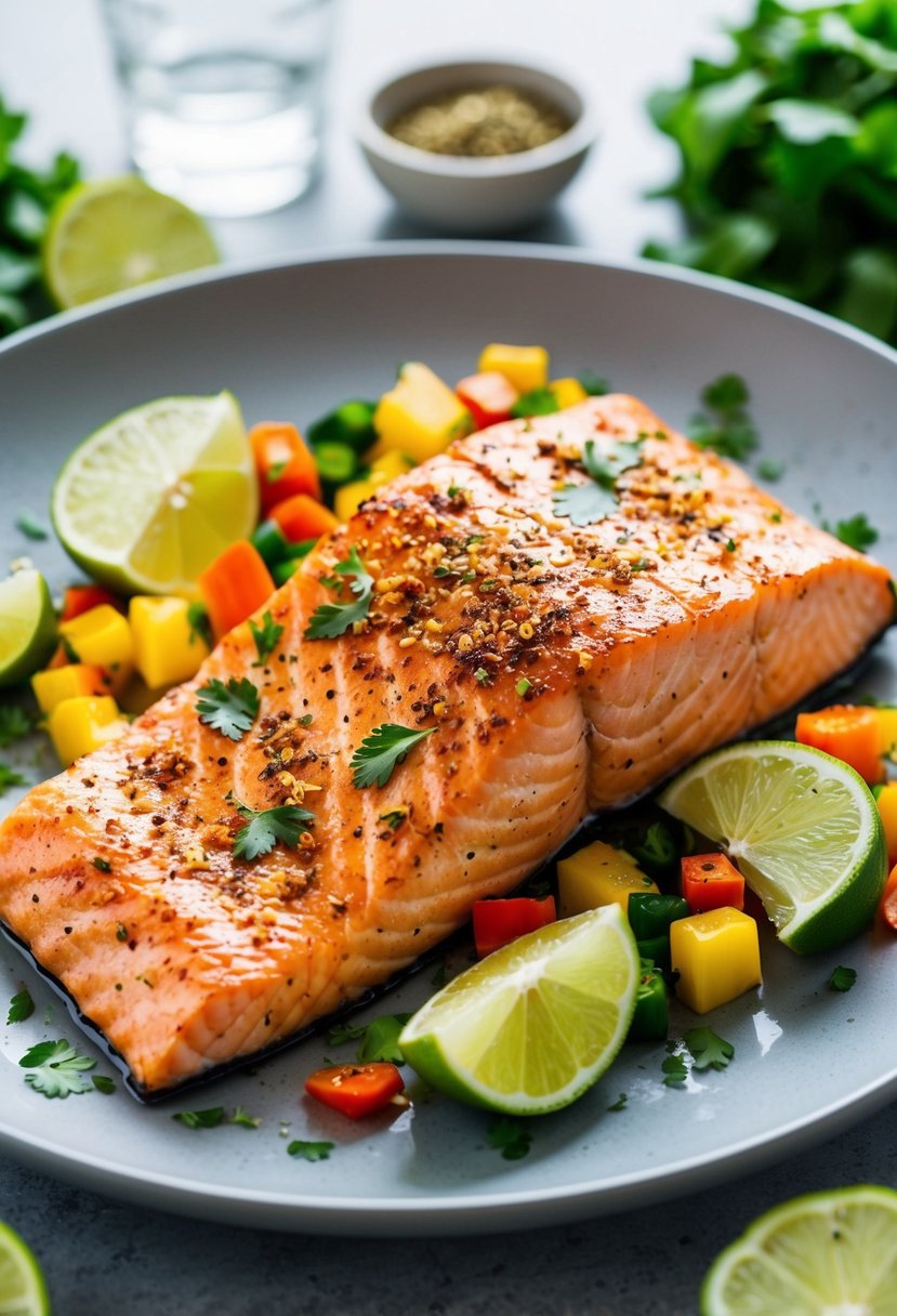 A plate of grilled salmon fillet sprinkled with chili-lime seasoning, garnished with fresh herbs and lime wedges, surrounded by colorful vegetables