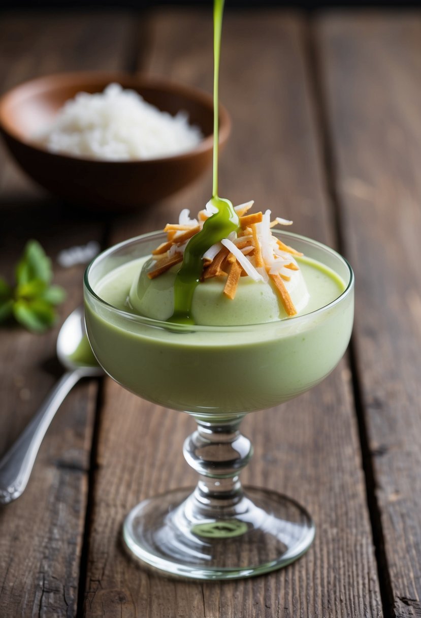 A glass dish of creamy green panna cotta topped with shredded coconut and a drizzle of matcha syrup, set on a rustic wooden table