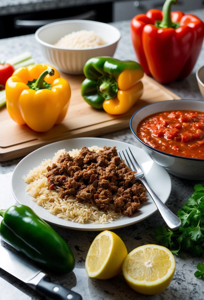 Fresh bell peppers, rice, ground beef, and tomato sauce on a kitchen counter. Chopping board, knife, and a mixing bowl nearby