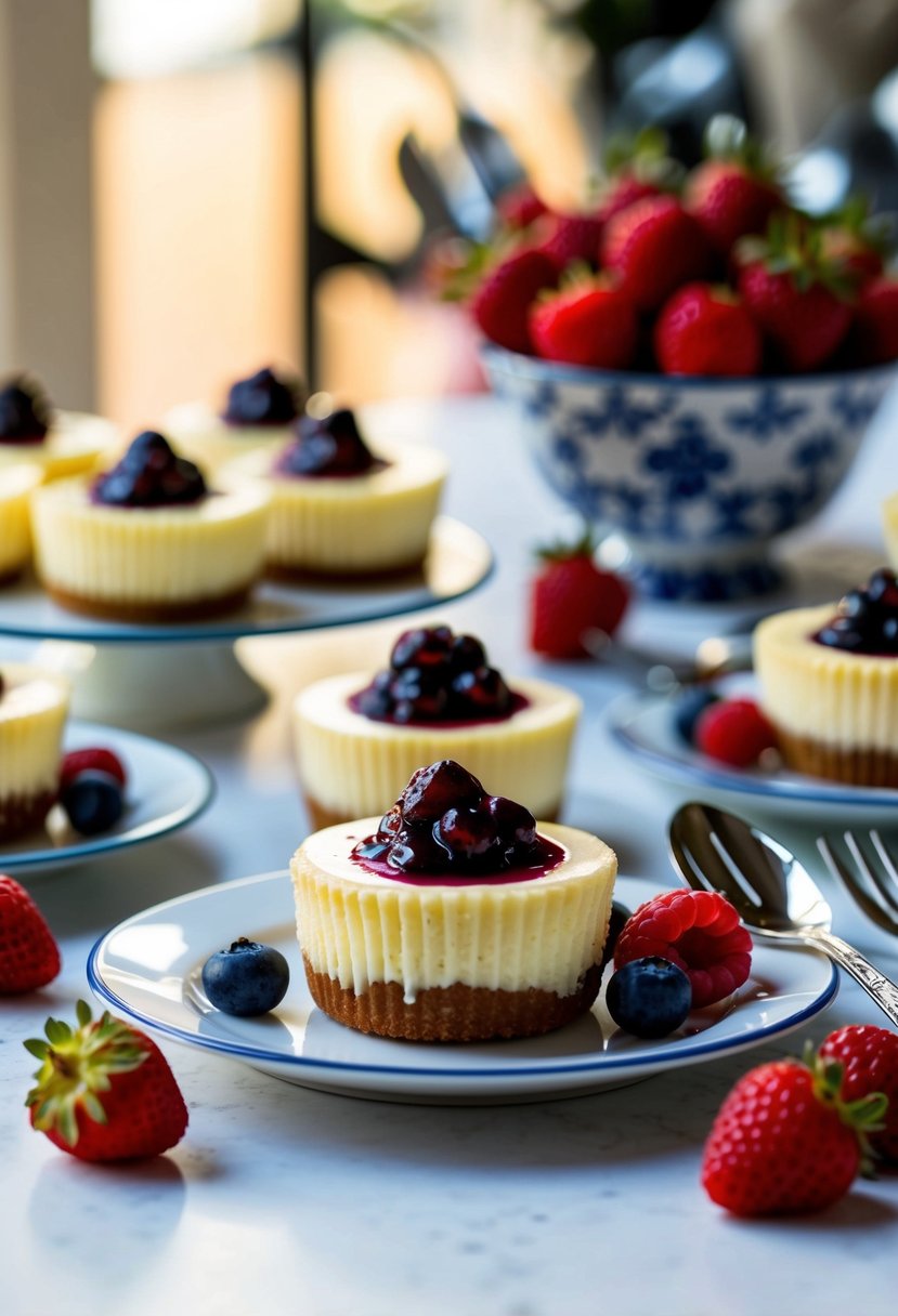 A table set with mini cheesecakes topped with berry compote, surrounded by fresh berries and decorative utensils