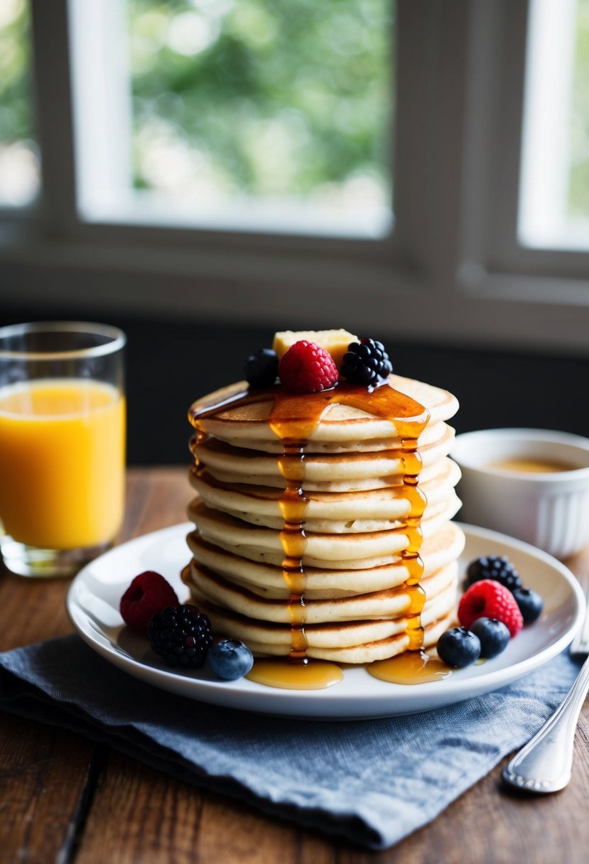 A stack of fluffy pancakes topped with syrup, butter, and fresh berries sits on a plate next to a glass of orange juice