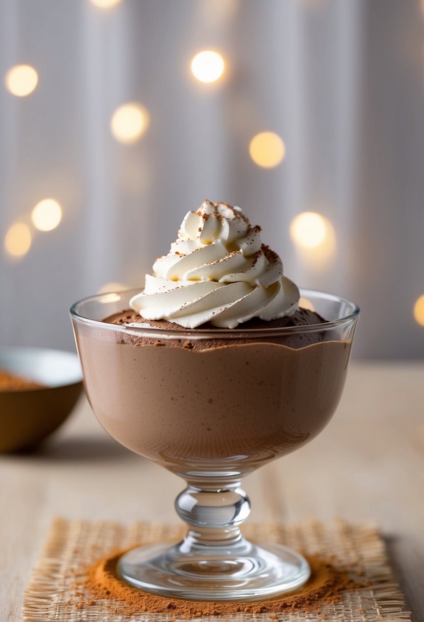 A glass bowl filled with creamy chocolate mousse, topped with a dollop of whipped cream and a sprinkle of cocoa powder, set against a backdrop of soft, diffused lighting