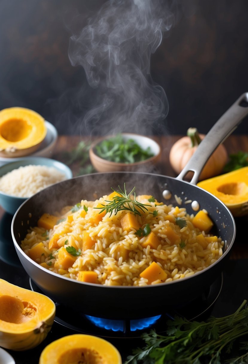 A steaming pot of butternut squash risotto simmers on a stovetop, surrounded by fresh ingredients like arborio rice, diced squash, and fragrant herbs