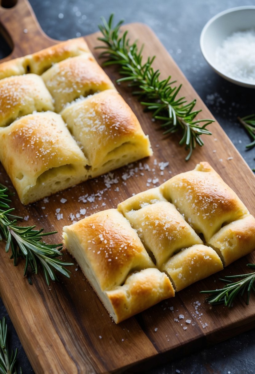 A freshly baked rosemary and sea salt focaccia cooling on a rustic wooden cutting board, surrounded by sprigs of rosemary and a sprinkle of sea salt