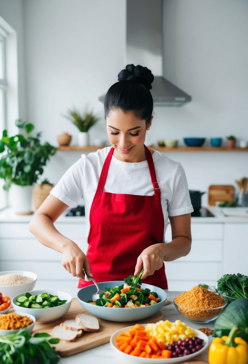 A person preparing a variety of healthy, colorful dishes in a bright, spacious kitchen. Ingredients like fresh vegetables, lean proteins, and whole grains are featured prominently