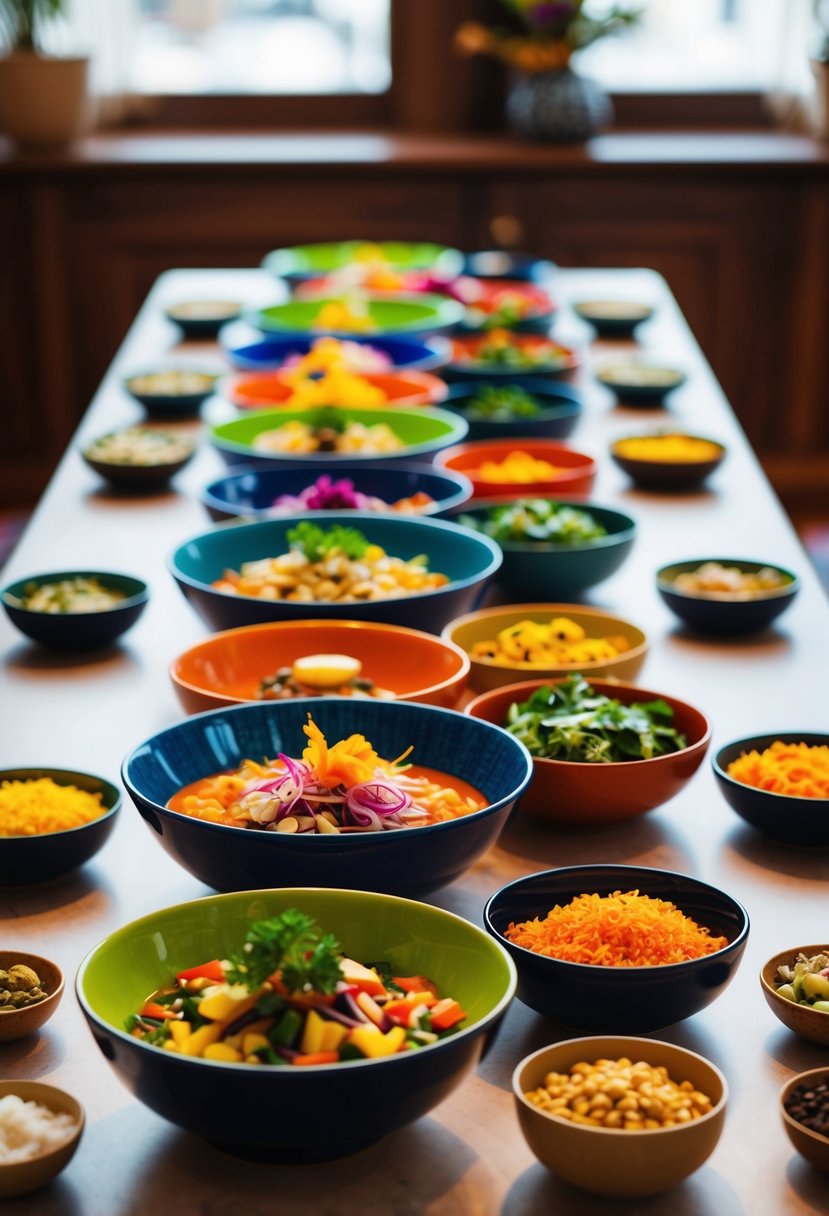 A table set with vibrant Buddha Bowls, arranged in an aesthetically pleasing manner, with a variety of colorful ingredients