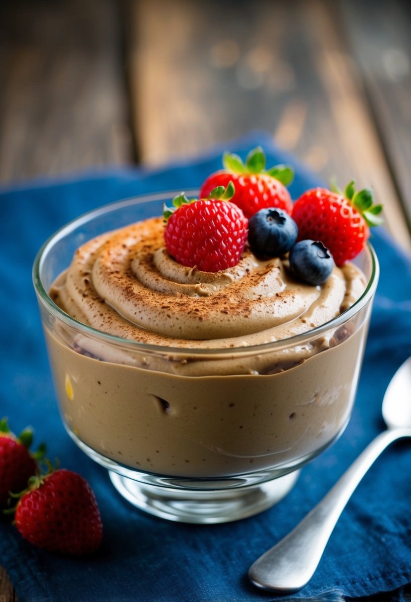 A glass bowl filled with creamy vegan chocolate avocado pudding, garnished with fresh berries and a sprinkle of cocoa powder, set on a rustic wooden table