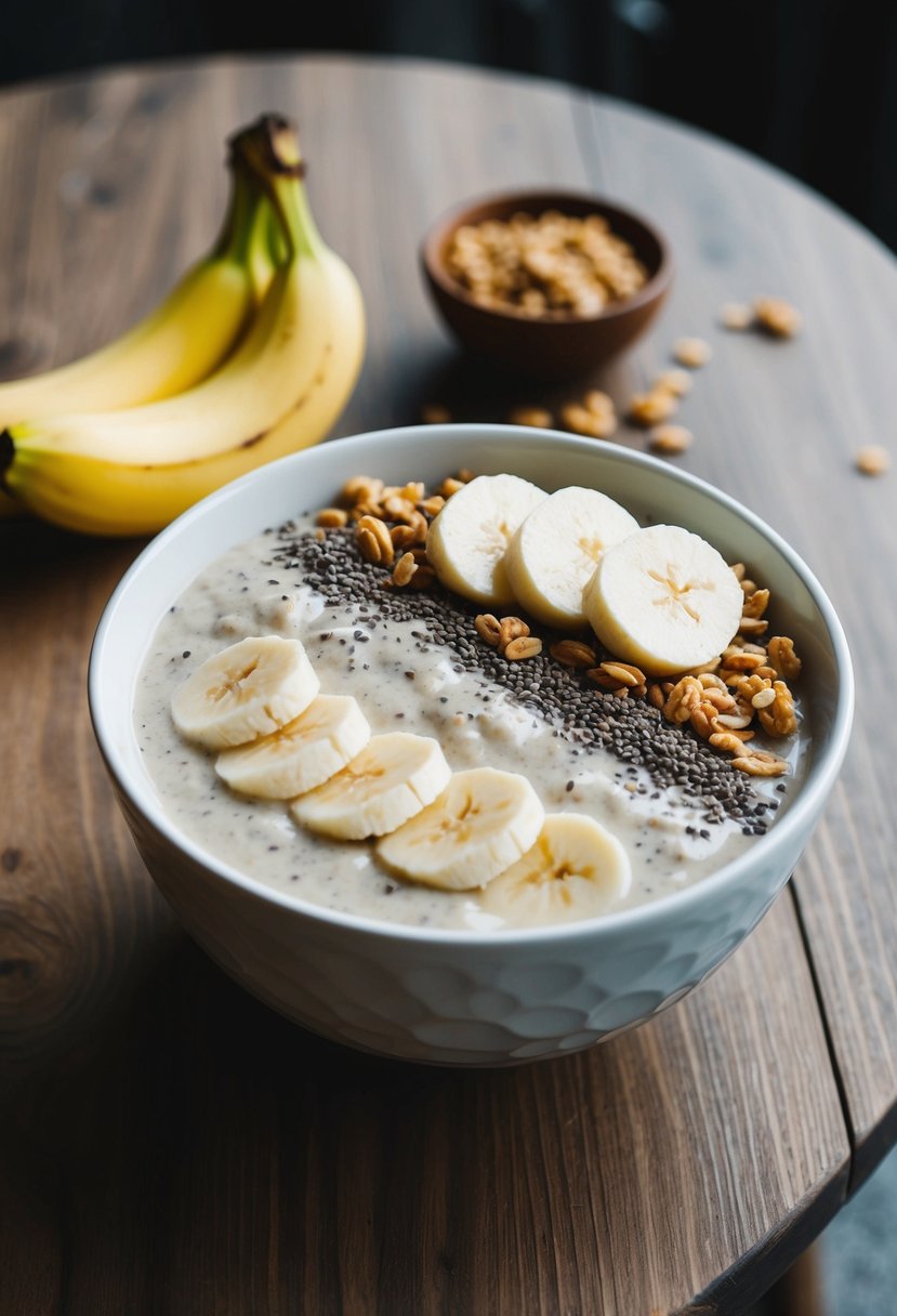 A wooden table with a white ceramic bowl filled with a creamy banana oatmeal smoothie, topped with sliced banana, chia seeds, and granola