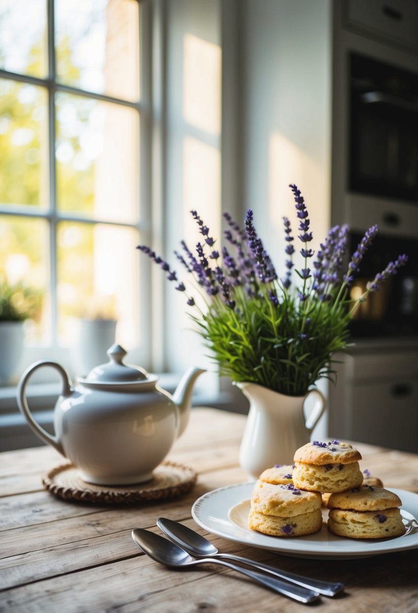 A rustic kitchen table with a plate of lemon lavender scones, a teapot, and a vase of fresh lavender. Sunlight streams through a window, casting a warm glow