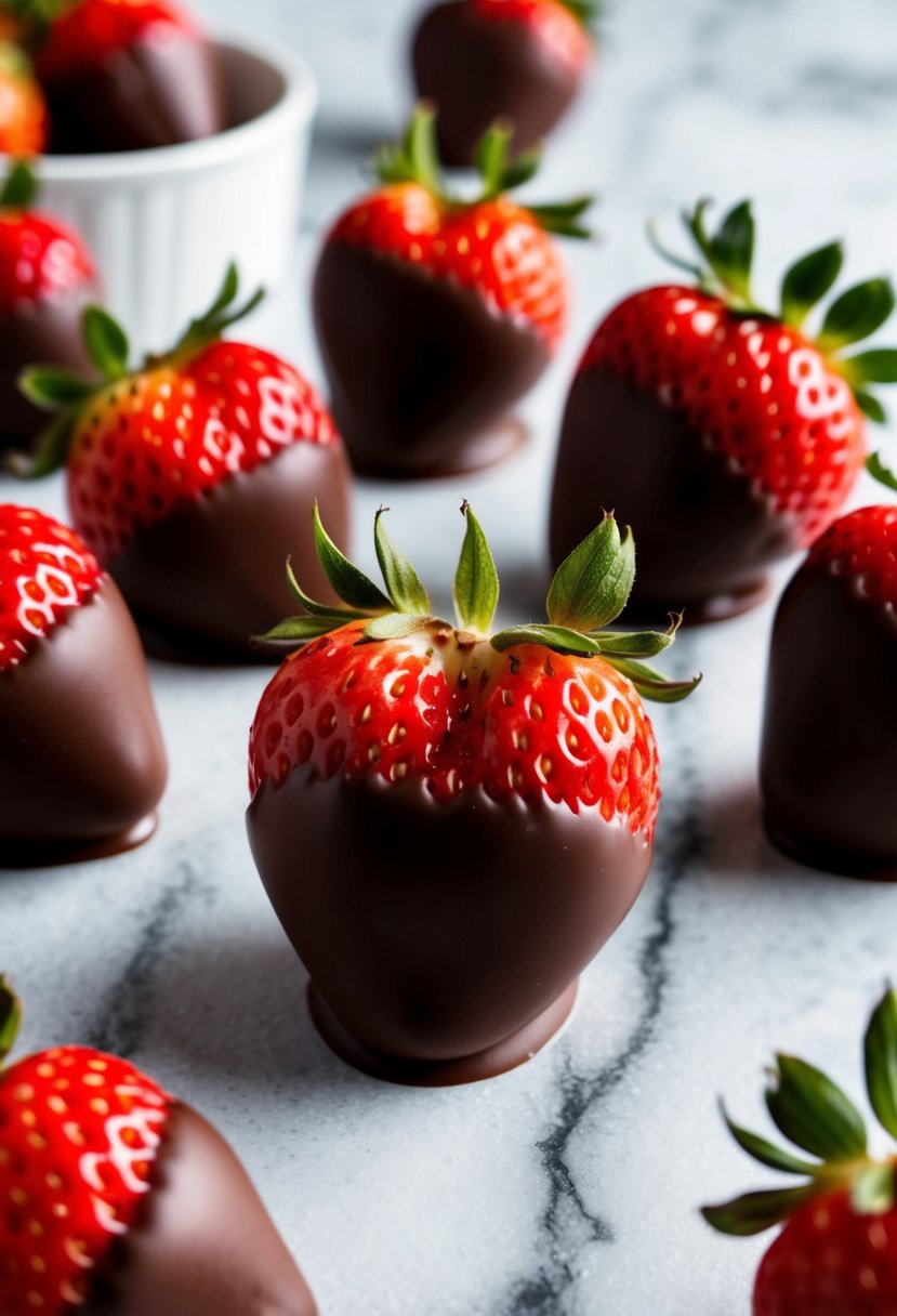 Fresh strawberries dipped in glossy chocolate on a marble surface