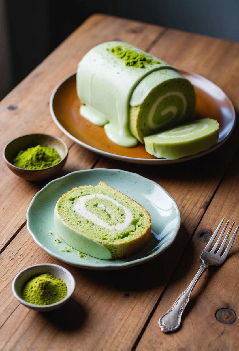 A wooden table with a pastel green matcha swiss roll cake, a ceramic plate, a vintage fork, and a small bowl of powdered matcha