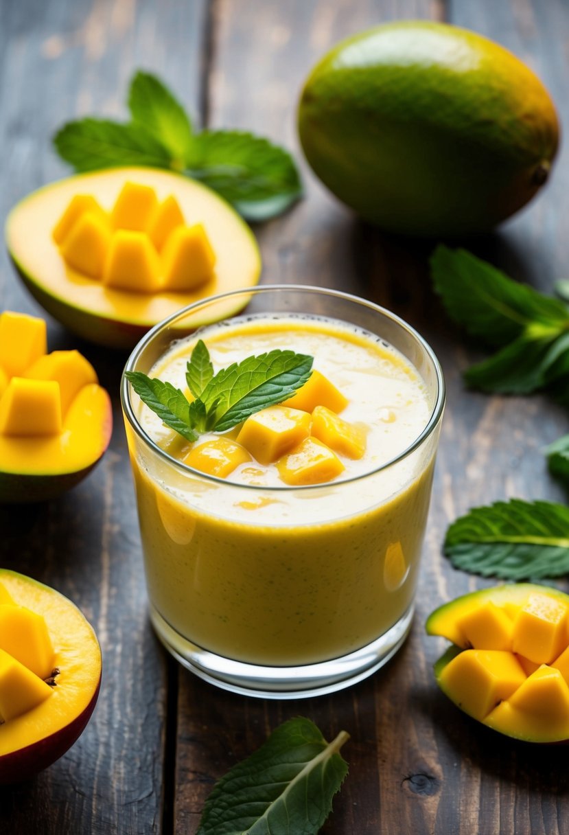 A glass of vegan mango lassi surrounded by fresh mangoes and mint leaves on a rustic wooden table