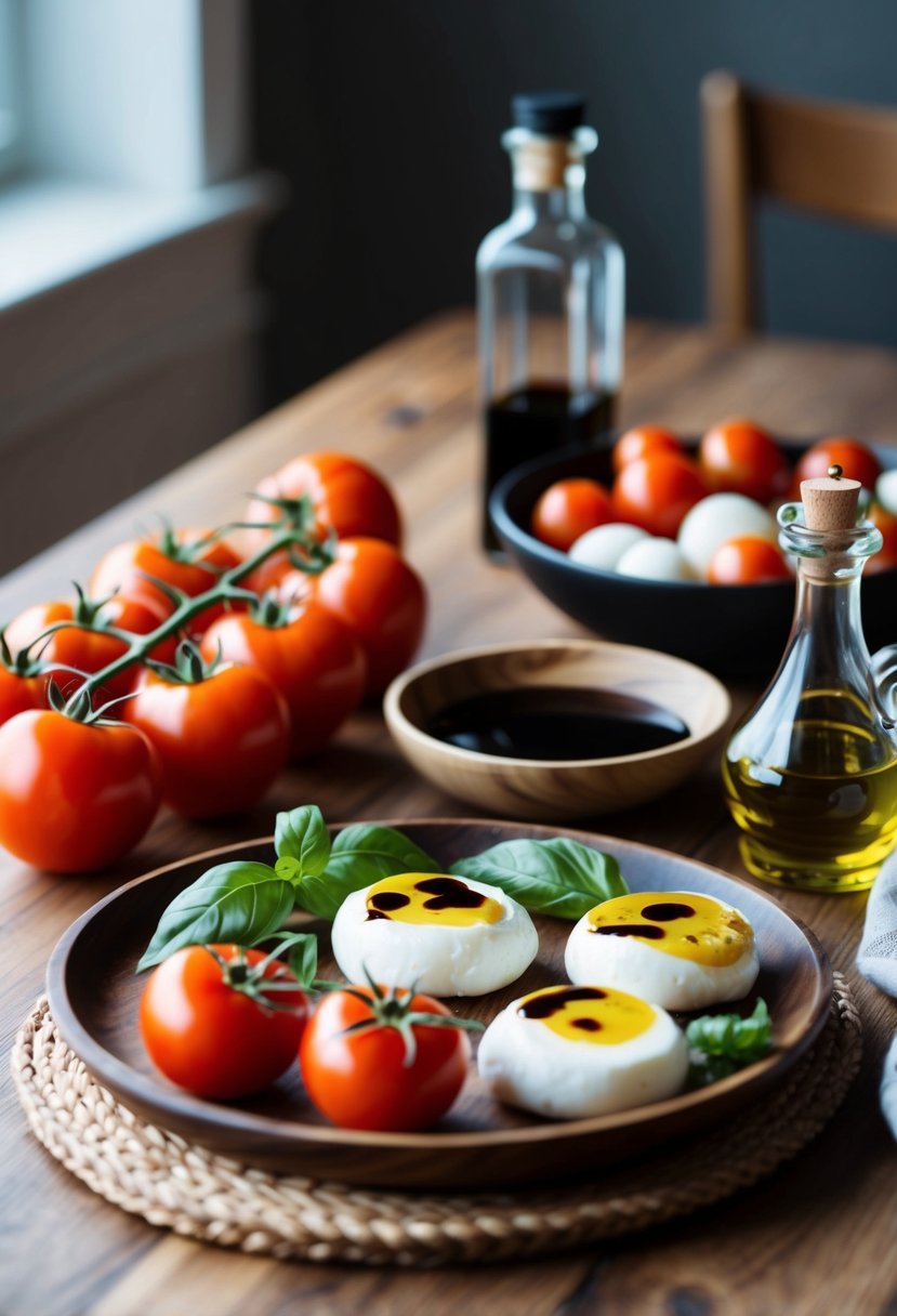 A wooden table set with fresh tomatoes, mozzarella, basil, olive oil, and balsamic vinegar