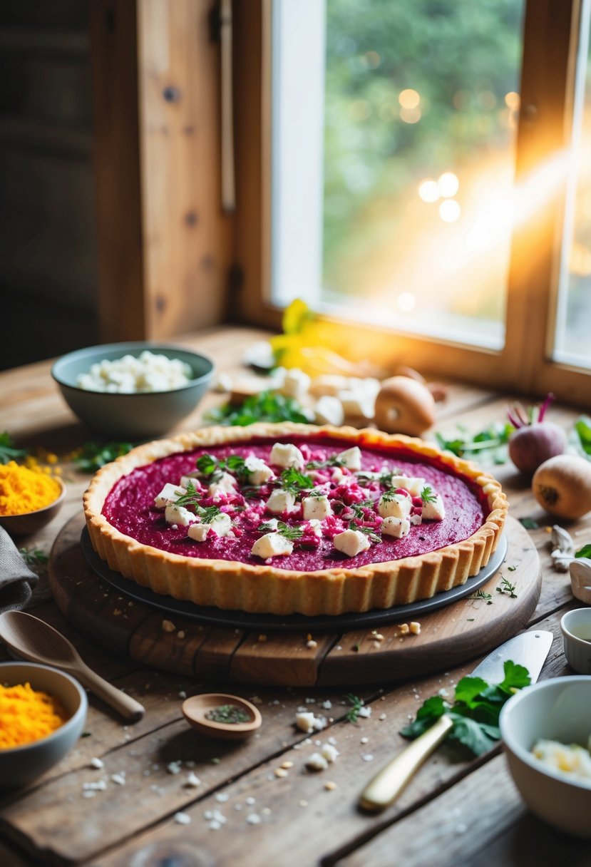 A rustic wooden table with a freshly baked beetroot and feta tart, surrounded by scattered ingredients and kitchen utensils. Sunlight streams in through a nearby window, casting a warm glow on the scene