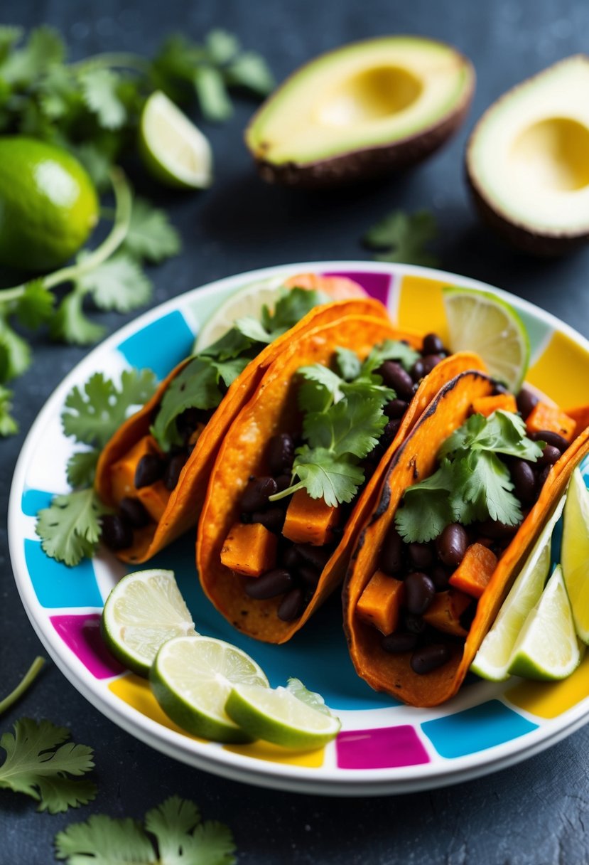 A colorful plate of sweet potato and black bean tacos, garnished with fresh cilantro and served with a side of lime wedges and avocado slices