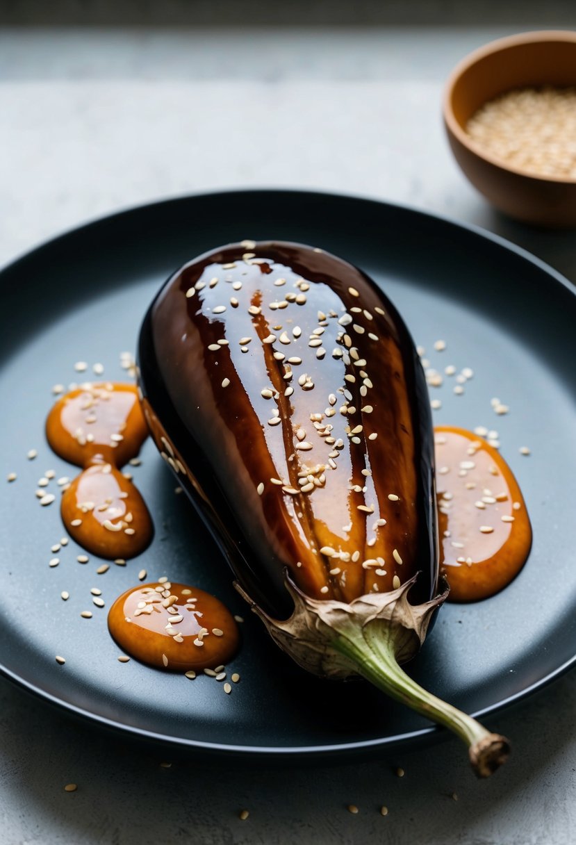 A glossy, caramelized eggplant glistens on a dark, minimalist plate, surrounded by delicate drizzles of miso glaze and scattered sesame seeds