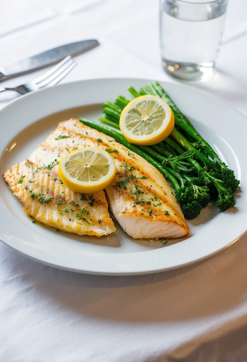 A plate of herb-grilled tilapia with a side of steamed vegetables and a slice of lemon, set on a white tablecloth