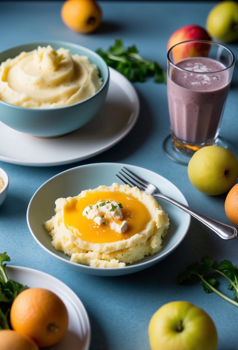 A table set with a bowl of mashed potatoes, a plate of scrambled eggs, and a glass of smoothie surrounded by soft fruits and vegetables