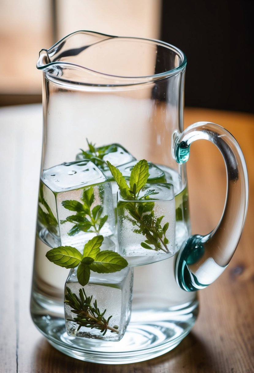 A clear glass pitcher filled with water and ice cubes. Each cube contains a sprig of fresh herbs, such as mint or lavender