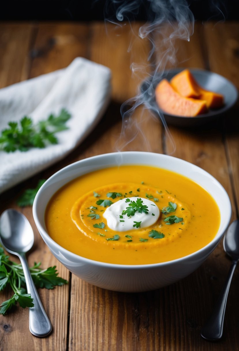 A steaming bowl of butternut squash soup sits on a wooden table, garnished with a dollop of cream and a sprinkle of fresh herbs