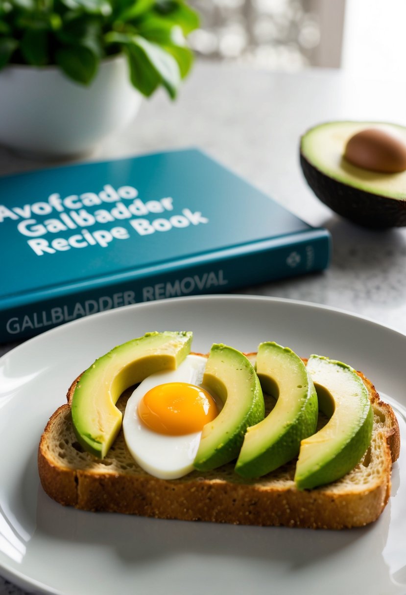 A sliced avocado and egg white toast on a plate with a gallbladder removal recipe book in the background