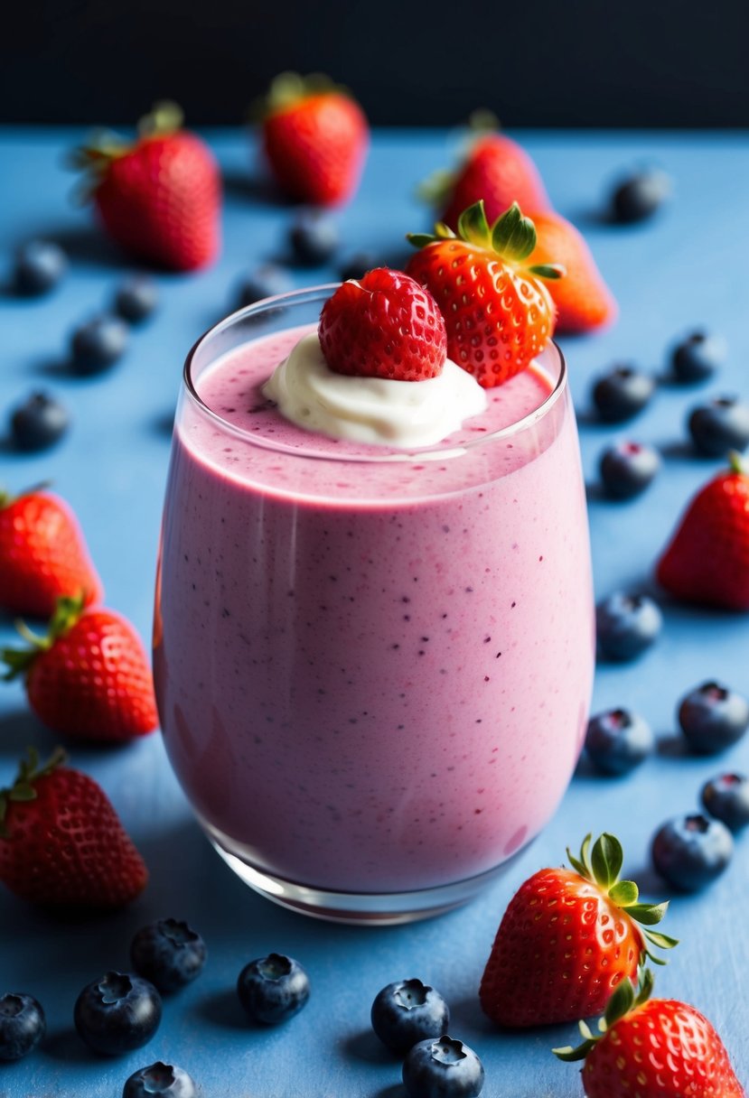 A glass filled with a creamy pink smoothie topped with fresh berries and a dollop of Greek yogurt, surrounded by scattered blueberries and strawberries