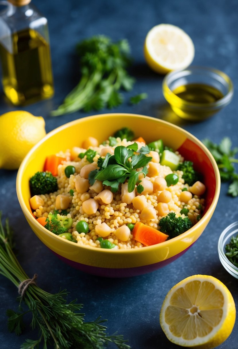 A colorful bowl filled with couscous, chickpeas, and fresh vegetables, surrounded by ingredients like olive oil, lemon, and herbs