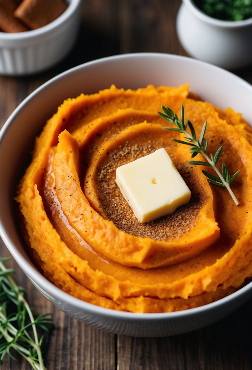 A bowl of mashed sweet potatoes with a dollop of butter, sprinkled with cinnamon, and garnished with a sprig of fresh herbs