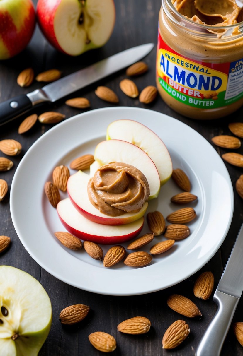 A plate with sliced apples and a dollop of almond butter, surrounded by scattered almond nuts and a knife with a jar of almond butter in the background