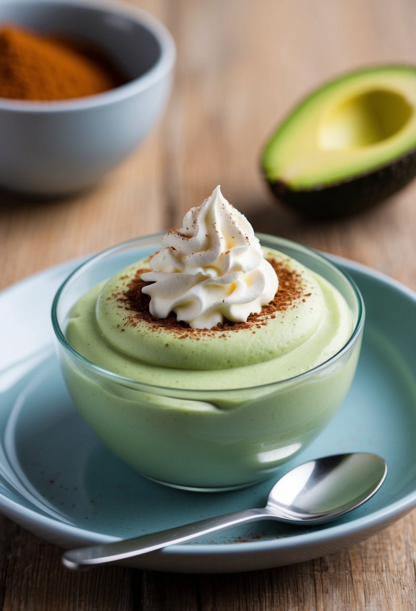 A bowl of smooth, pale green avocado mousse topped with a dollop of whipped cream and a sprinkle of cocoa powder, served on a small plate with a spoon beside it