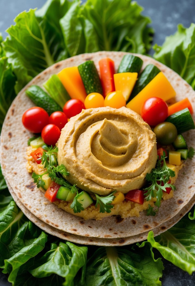 A colorful array of fresh vegetables and a creamy hummus spread on a whole wheat wrap, surrounded by vibrant green lettuce leaves