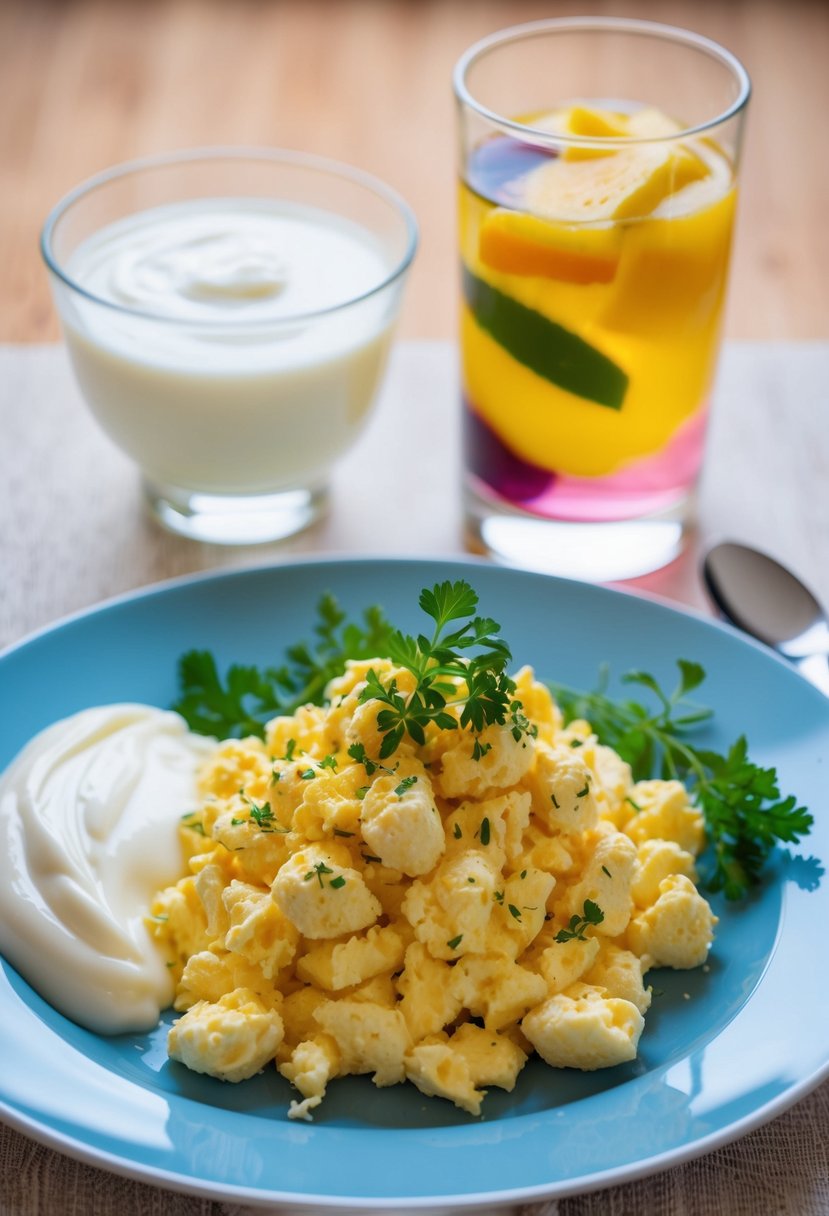 A plate of creamy scrambled eggs garnished with fresh herbs, served alongside a side of smooth yogurt and a glass of fruit-infused water