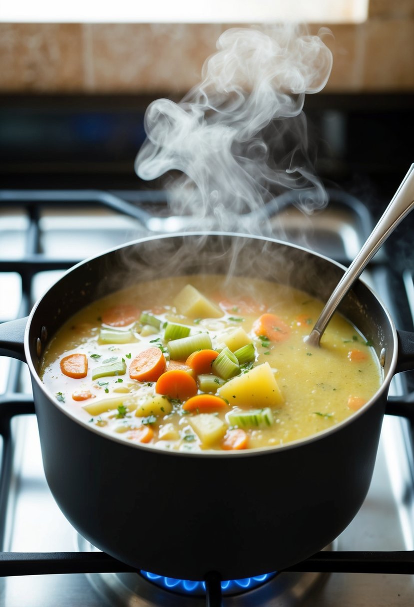 A pot of pureed vegetable soup simmers on the stove, steam rising as a spoon stirs the creamy mixture. Carrots, celery, and potatoes float in the rich broth