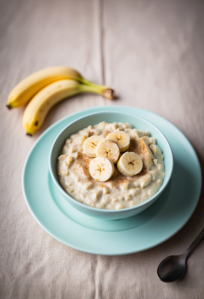 A bowl of creamy banana oatmeal pudding topped with sliced bananas and a sprinkle of cinnamon, served on a soft, pastel-colored plate