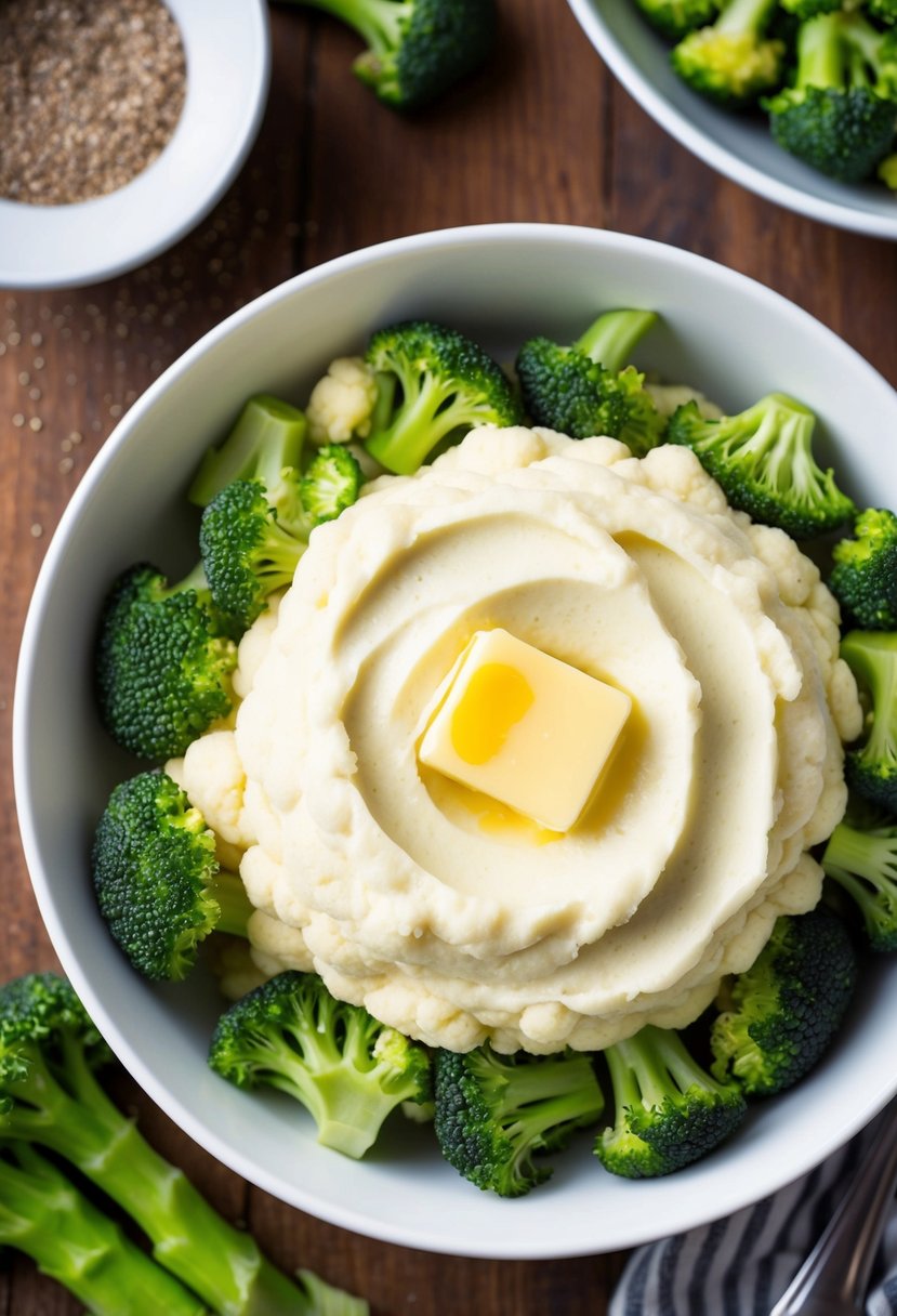 A bowl of creamy mashed cauliflower topped with a pat of butter, surrounded by steamed broccoli florets and a sprinkle of black pepper