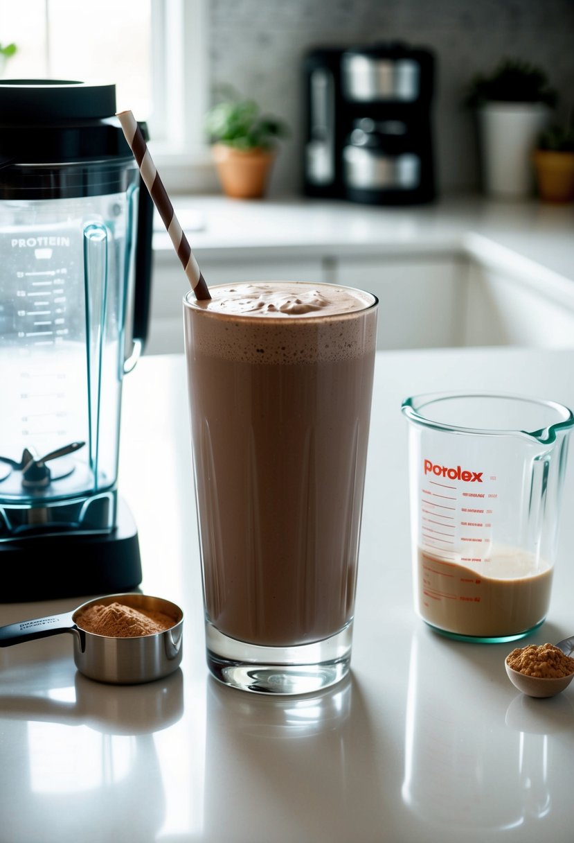 A tall glass filled with a creamy chocolate protein shake sits on a clean, white countertop. A blender, measuring cup, and a scoop of protein powder are arranged neatly nearby