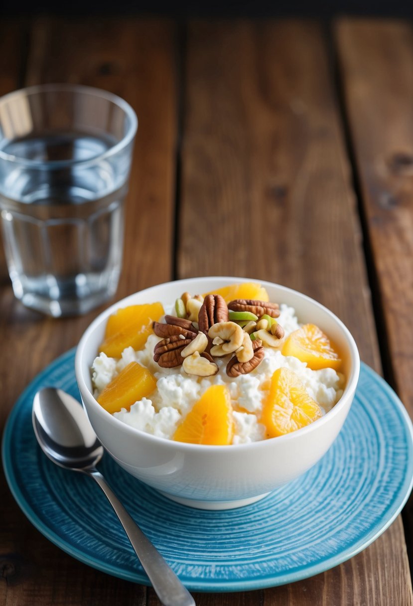 A bowl of cottage cheese topped with sliced fruit and nuts, placed on a wooden table next to a glass of water and a spoon